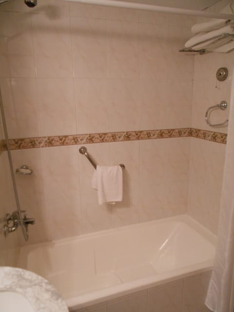 Combined shower/tub, free toiletries, hair dryer, bidet