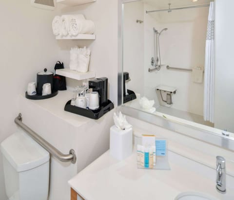 Combined shower/tub, free toiletries, hair dryer, towels