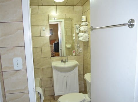 Combined shower/tub, free toiletries, hair dryer, towels