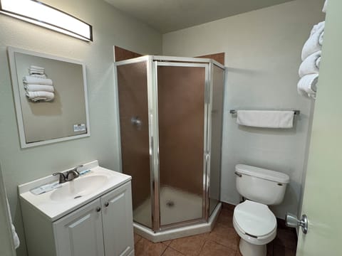 Shower, free toiletries, hair dryer, towels