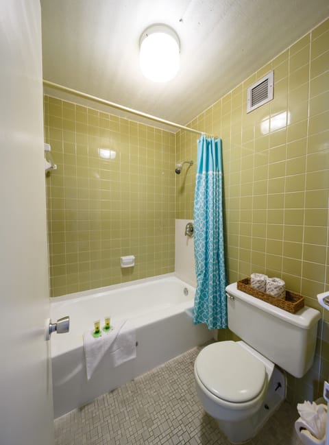 Combined shower/tub, free toiletries, hair dryer, towels