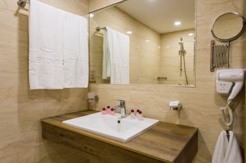 Combined shower/tub, free toiletries, hair dryer, towels