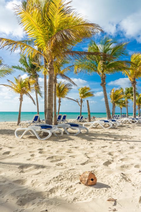 On the beach, white sand, sun loungers, beach umbrellas