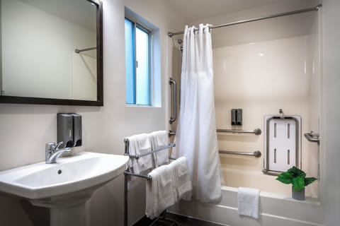 Combined shower/tub, eco-friendly toiletries, hair dryer, towels