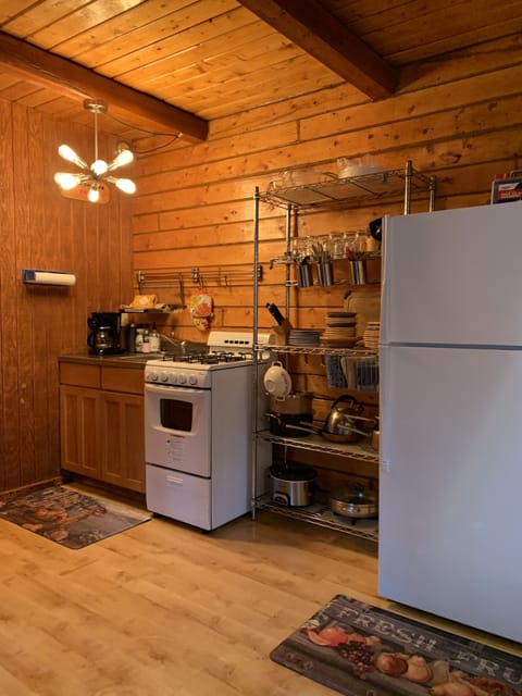 Lovely Cabin #2 on Kenai River | Private kitchen | Full-size fridge, microwave, stovetop, coffee/tea maker