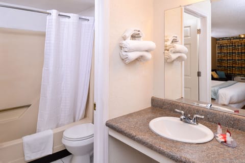 Combined shower/tub, free toiletries, hair dryer, towels