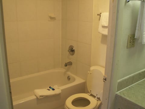 Combined shower/tub, hair dryer, towels