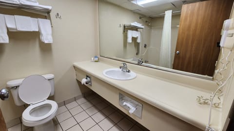 Combined shower/tub, free toiletries, hair dryer, towels