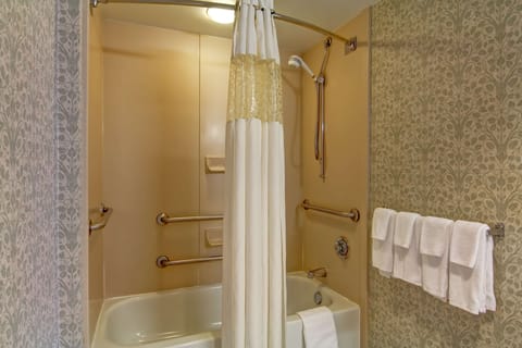 Combined shower/tub, hair dryer, towels