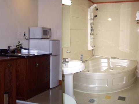 Combined shower/tub, deep soaking tub, free toiletries, hair dryer