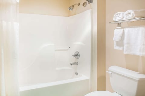 Combined shower/tub, free toiletries, hair dryer, towels