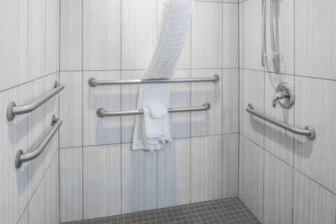 Combined shower/tub, free toiletries, hair dryer, towels