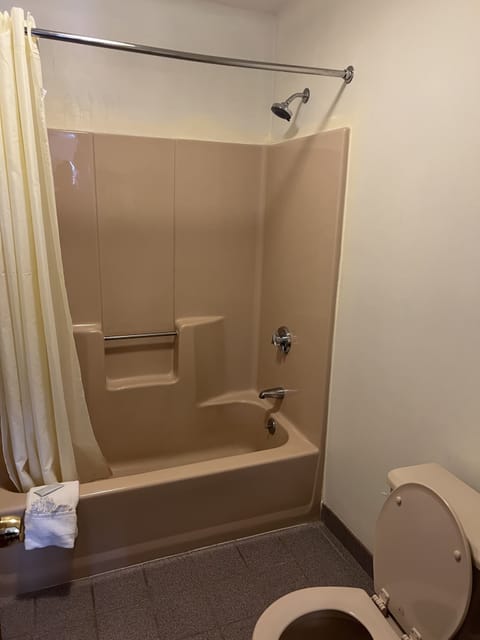 Combined shower/tub, rainfall showerhead, free toiletries, hair dryer