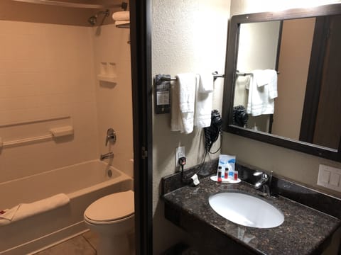 Combined shower/tub, free toiletries, hair dryer, towels