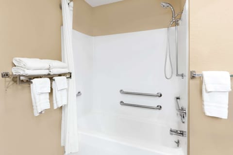 Combined shower/tub, hydromassage showerhead, hair dryer, towels