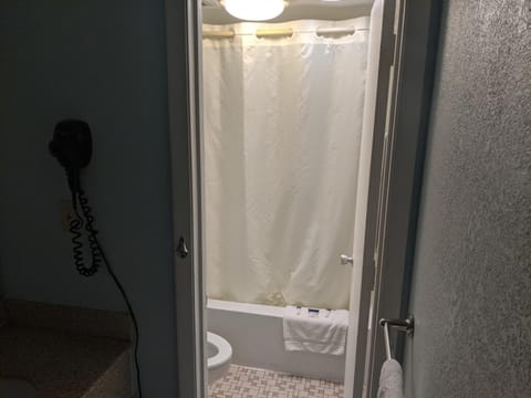 Combined shower/tub, free toiletries, hair dryer, towels