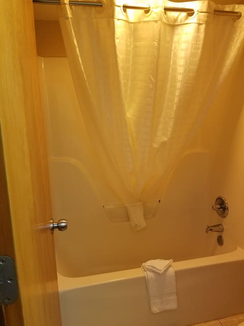 Combined shower/tub, deep soaking tub, free toiletries, hair dryer