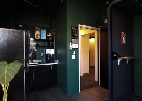 Full-size fridge, microwave, toaster