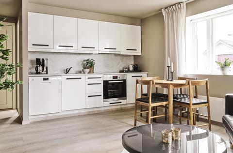 Standard Apartment | Private kitchen | Full-size fridge, microwave, oven, stovetop