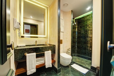 Junior Suite | Bathroom | Shower, hydromassage showerhead, designer toiletries, hair dryer