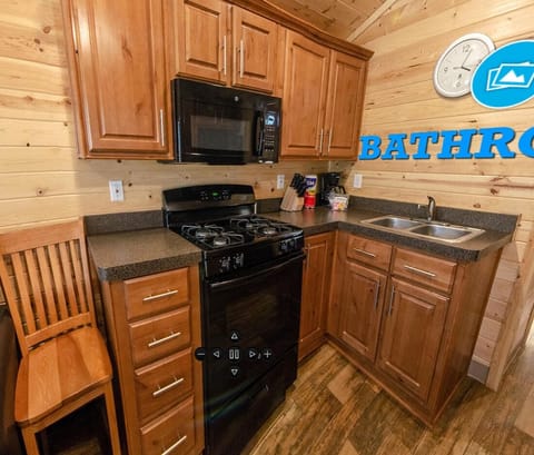 Full-size fridge, microwave, stovetop, electric kettle