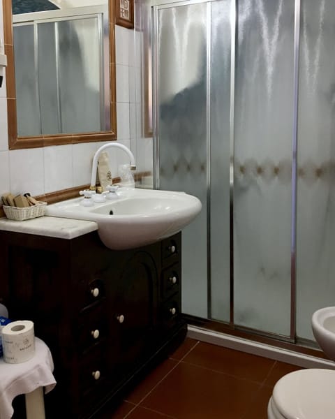 Combined shower/tub, free toiletries, hair dryer, bidet