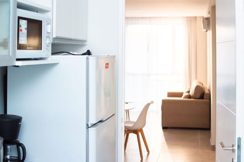 Full-size fridge, microwave, oven, electric kettle