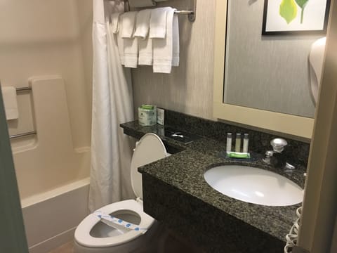 Combined shower/tub, hair dryer, towels