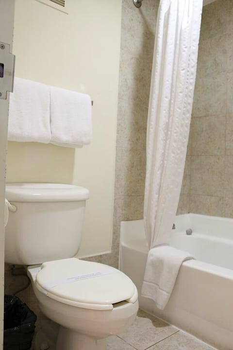 Combined shower/tub, deep soaking tub, free toiletries, towels