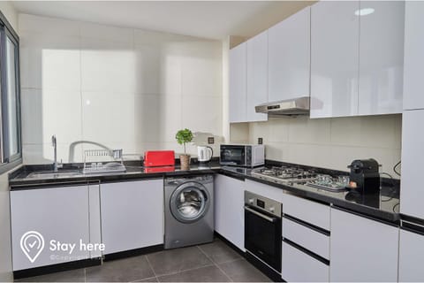 Deluxe Apartment | Private kitchen | Full-size fridge, microwave, oven, espresso maker