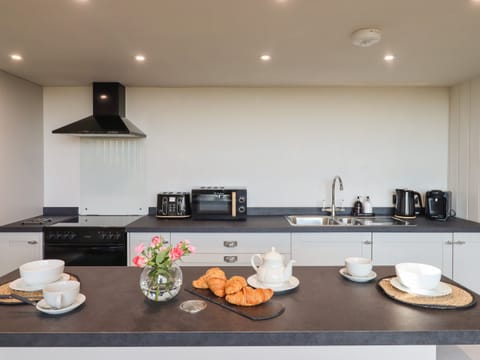 Fridge, electric kettle, toaster, cookware/dishes/utensils