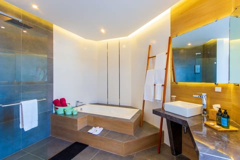 Deluxe Room | Bathroom | Shower, rainfall showerhead, hair dryer, bathrobes