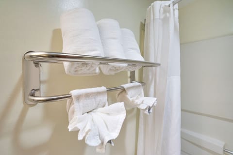 Combined shower/tub, free toiletries, hair dryer, towels