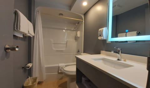 Combined shower/tub, free toiletries, hair dryer, towels