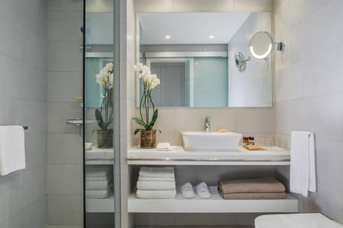 Combined shower/tub, eco-friendly toiletries, hair dryer, bathrobes