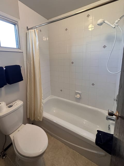 Combined shower/tub, free toiletries, hair dryer, towels