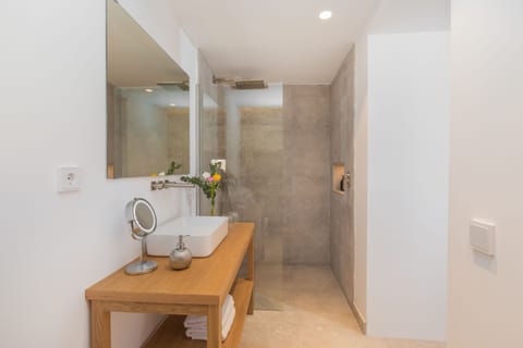 Deluxe Room | Bathroom | Shower, rainfall showerhead, hair dryer, towels