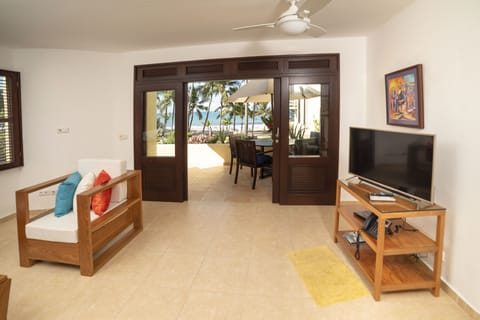 Apartment, Ocean View, Beachfront | Living area | Flat-screen TV