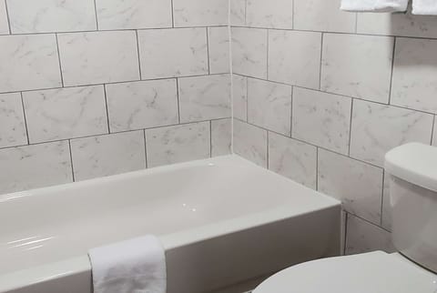 Combined shower/tub, free toiletries, towels