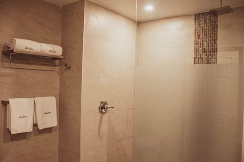 Shower, rainfall showerhead, free toiletries, hair dryer