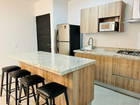 Luxury Apartment | Private kitchen | Full-size fridge, microwave, stovetop, blender