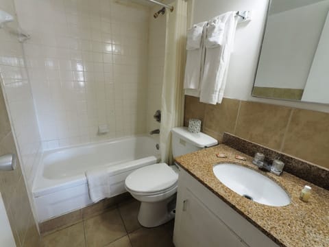 Combined shower/tub, free toiletries, hair dryer, towels