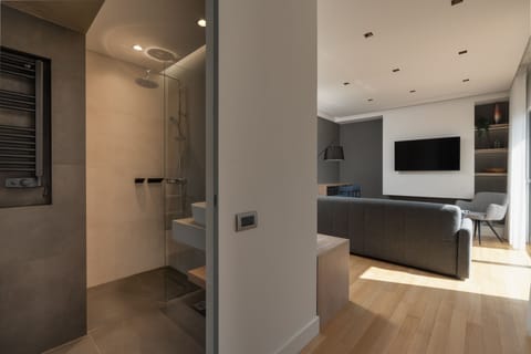 Panoramic Apartment | Bathroom | Shower, rainfall showerhead, hair dryer, towels