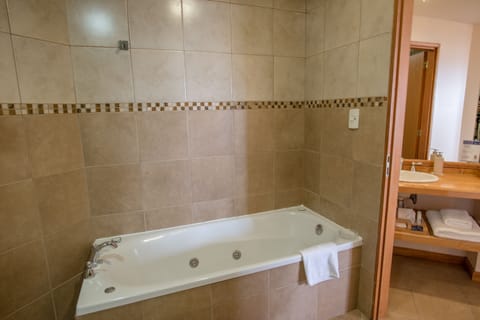 Combined shower/tub, rainfall showerhead, free toiletries, hair dryer