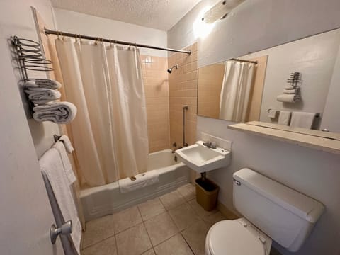 Combined shower/tub, free toiletries, hair dryer