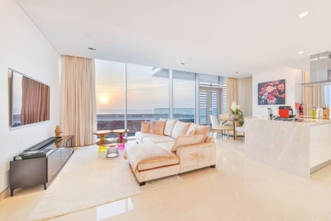 Premium Apartment, 2 Bedrooms, Balcony, Sea View | Living area | 75-inch LED TV with satellite channels, TV, Netflix