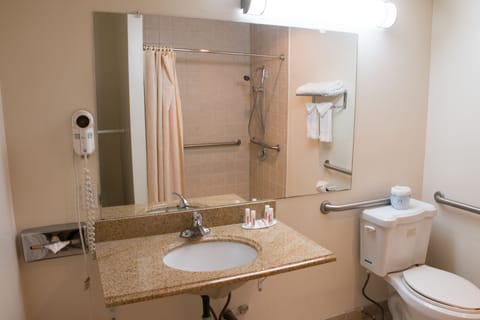 Combined shower/tub, free toiletries, hair dryer, towels