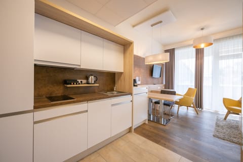 Premium Studio, 1 King Bed, Non Smoking, Balcony (201) | Private kitchen | Full-size fridge, microwave, stovetop, dishwasher