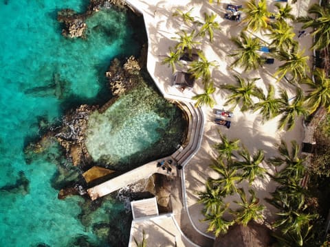 On the beach, sun loungers, beach umbrellas, beach towels