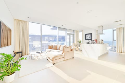 Premier Apartment, 2 Bedrooms, Balcony, Sea View | Living area | 75-inch LED TV with satellite channels, TV, Netflix